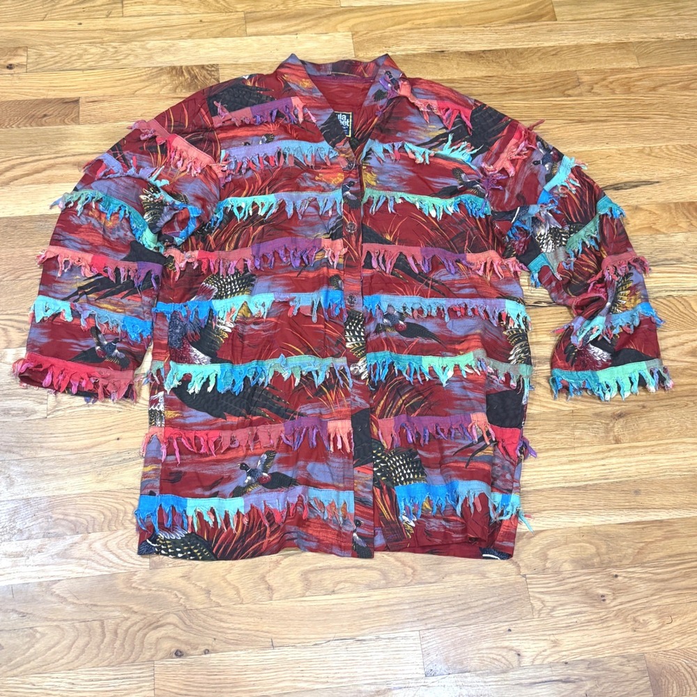 Paula Sweet Muslin Mink Rayon Jacket Red Bird Pheasant Print Shredded Fringe M
